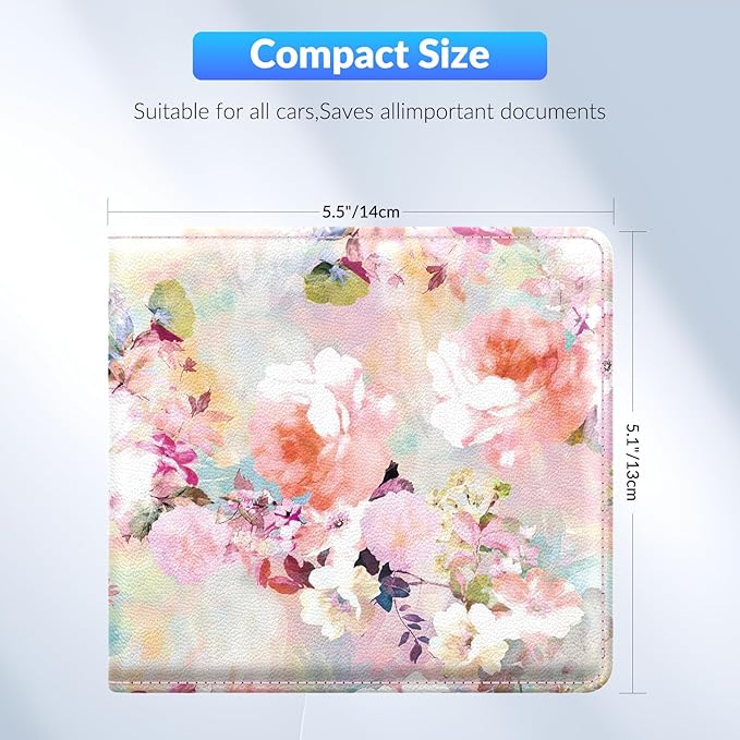 Pisypox Car Registration and Insurance Card Holder，Vehicle Glove Box Car Organizer，Accessories Case for Storing Driving Licences, Cards, Documents,Pink flower