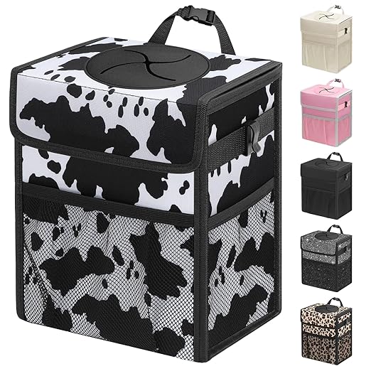 Capolo Car Trash Can with Lid, Leakproof Car Trash Bag Hanging Waterproof Automotive Garbage Can with Storage Pockets Mini Vehicle Trash Bin for Back/Front Seat(Cow Print,3 Gallon)