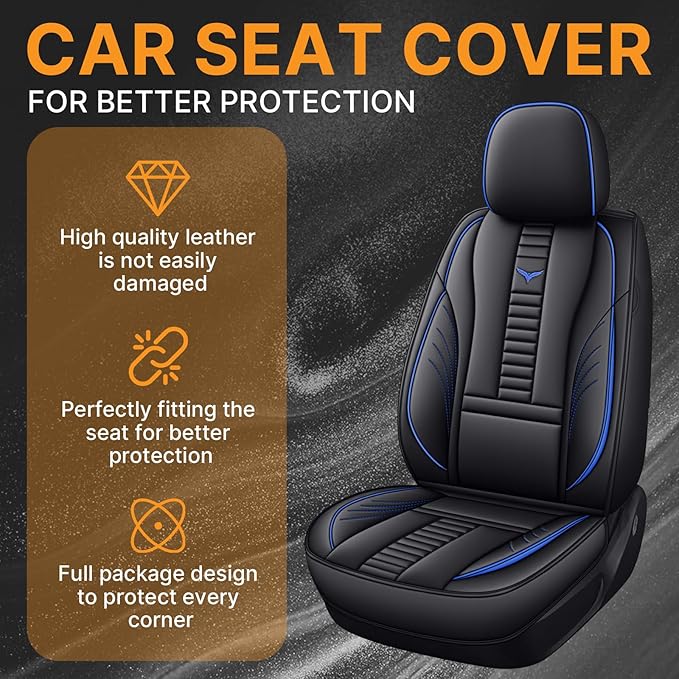Pengchen Waterproof 5 Car Seat Covers for Audi 1999-2025 95% Models, Premium Faux Leather Automotive Front and Back Seat Protectors Compatible with Airbag Black & Blue Line