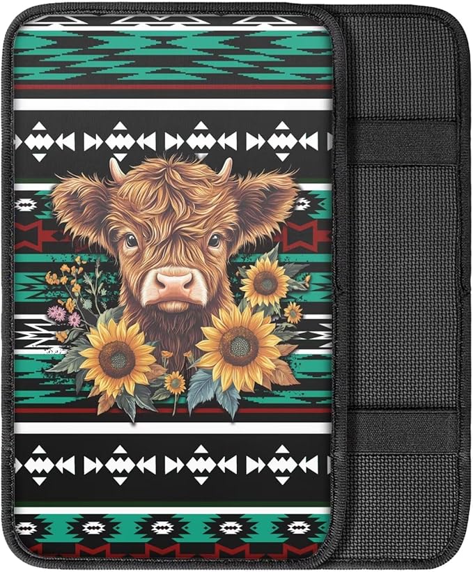 UNICEU Aztec Sunflower Highland Cow Print Car Center Console Armrest Cushion Cover Soft Auto Interior Decor Armrest Box Protector Covers Pad