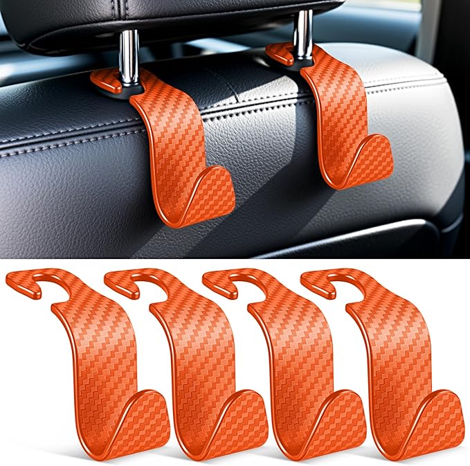 SINGARO Universal 4 Pack Car Seat Headrest Purse Hook, Carbon Fiber Back Seat Hook Storage Organizer Hanger for Purse Handbag Coat, Car Interior Accessories(Orange)