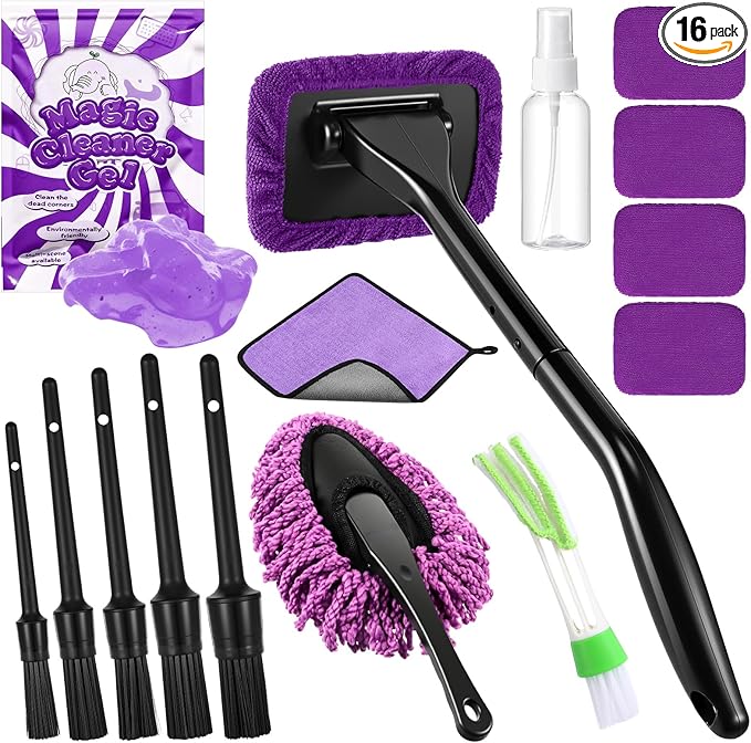 16 Pcs Windshield Cleaner Tool, Car Cleaning Kit with Various Detailing Brushes Set Spray Bottle Cleaner Towel Cleaning Gel Accessories Car Interior Detailing Kit for Windows Vents(Purple)