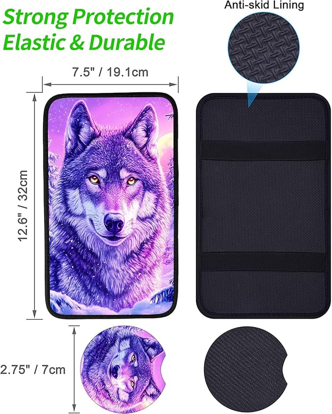 JANENFNA Car Armrest Cover Pads Universal Fashion Cute Auto Center Console Armrest Cover Pad with 2PCS Car Coasters Soft Waterproof Car Armrest Seat Protector for Women,Purple Snow Wolf
