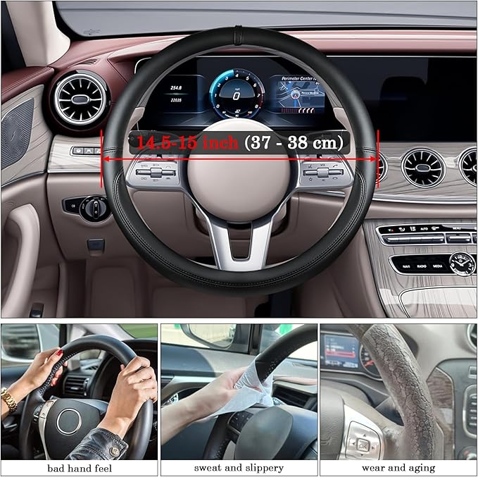 All Black Car Steering Wheel Cover, Nappa Leather, Bottom Color Blocking, Universal 14.5-15 Inch Leather Anti-Slip Breathable Auto Steering Wheel Covers for Men Women