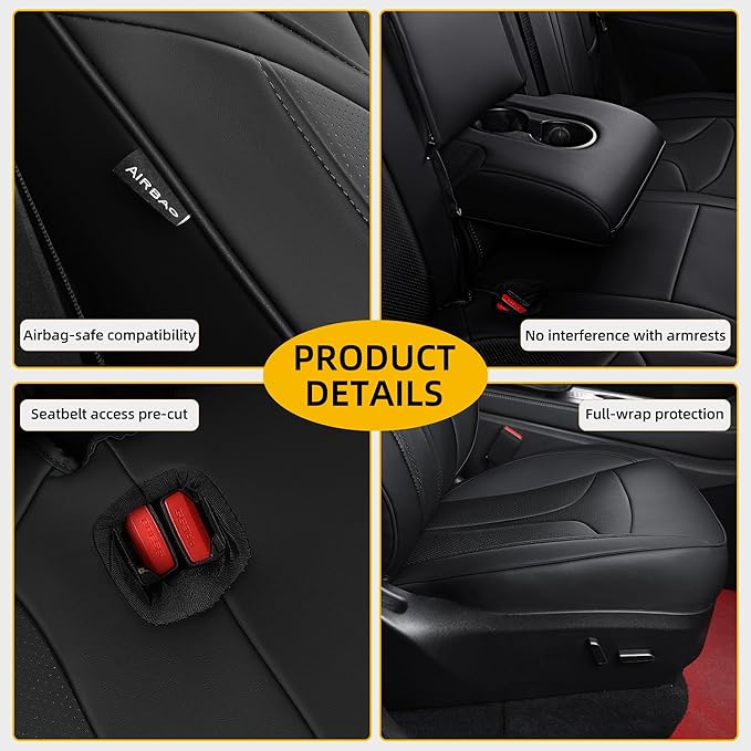 OURPLOT Custom Fit Seat Covers for 2020-2024 Tesla Model Y (5-Seater), Waterproof Nappa Leather, OEM Factory Style Full Set Car Seat Protectors Airbag Compatible - Black