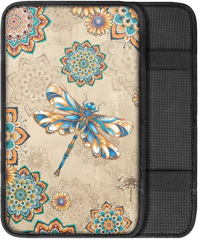 Dragonfly Print Car Center Console Armrest Cover Boho Mandala Flower Print Armrest Box Protector Cover Universal Fits Truck Sedan SUV, Auto Interior Decor