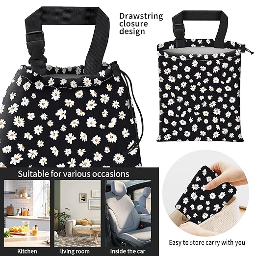 AFYEWKC Car Trash Bag Large Hanging Can for Back of Seat, Cute Waterproof Car Garbage Bag for Vehicle, Travelling, Outdoor Cute White Black Flower