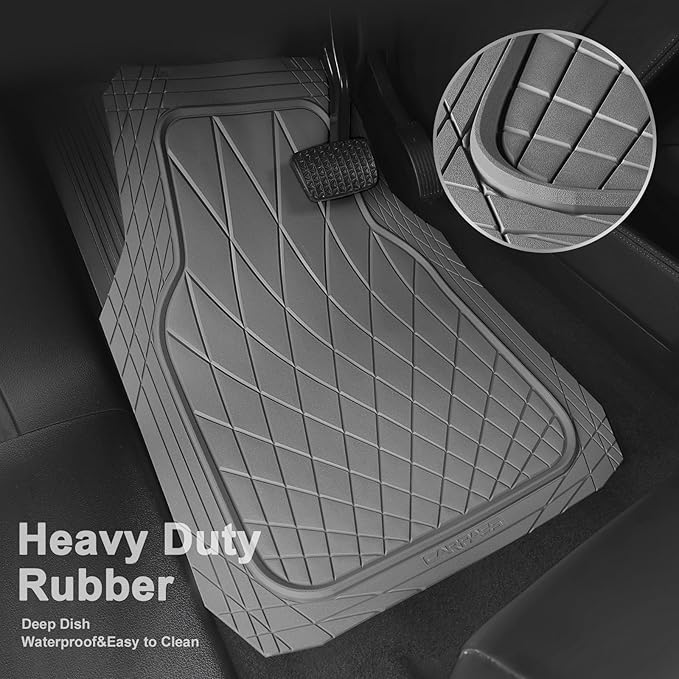 CAR PASS Heavy Duty Rubber Car Floor Mats, Deep Dish All Weather Car Mats Full Set, 3 Piece Waterproof Premium Anti-Slip Floor Mats Rugs Universal Trim to Fit for 95% Sedan SUV Van Truck, All Gray