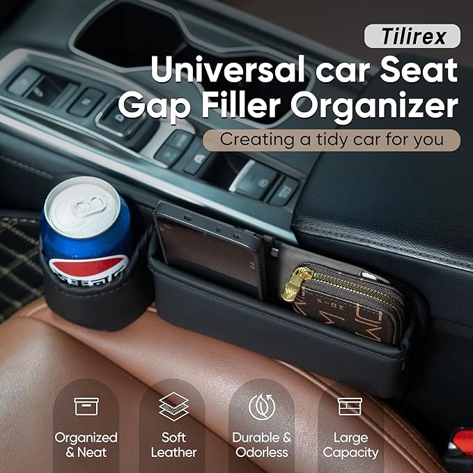 Tilirex Universal Car Seat Gap Filler Organizer, Premium Leather Car Seat Organizer, Seat Gap Storage Box with Cup Holder for Drink, Front Seat Gap Bag for Phone, Sunglasses,Keys, 2 Packs (Left+Right)