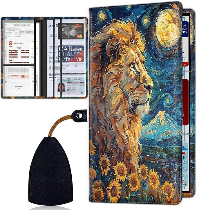 Car Registration and Insurance Card Holder for Women Men, Waterproof PU Leather Glove Box Car Organizer with Magnetic Shut, Vehicle Document Holder for Driver License,Cards, Lion The Starry Night