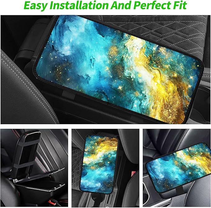 JANENFNA Car Armrest Cover Pads Universal Fashion Cute Auto Center Console Armrest Cover Pad with 2PCS Car Coasters Soft Waterproof Car Armrest Seat Protector for Women,Blue Starry