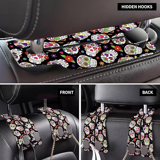 AXBSAKDI Car Seat Back Storage Headrest Hook, Premium Leather Double Metal Hook, Hanger Storage Organizer for Purse Cloth Bag, Car Interior Accessories Luxury Flower Skull