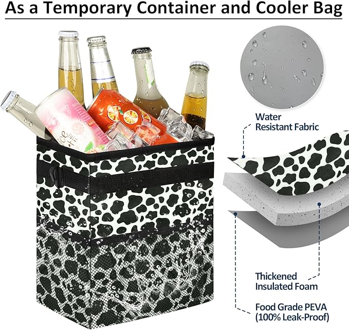 ELONGRIVER Car Trash Can Bin for Back Seat Leak Proof, Cute Car Trash Bag Hanging, Vehicle Trash Can for SUV Truck Van, Automotive Garbage Cans Front Seat Cow Print