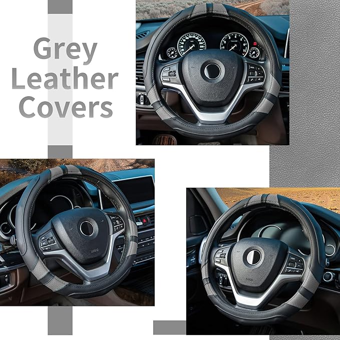 Achiou Gray Car Steering Wheel Cover Universal 15 inch with Grip Contours, Leather Auto for Men and Women Non-Slip Breathable Soft and Comfortable