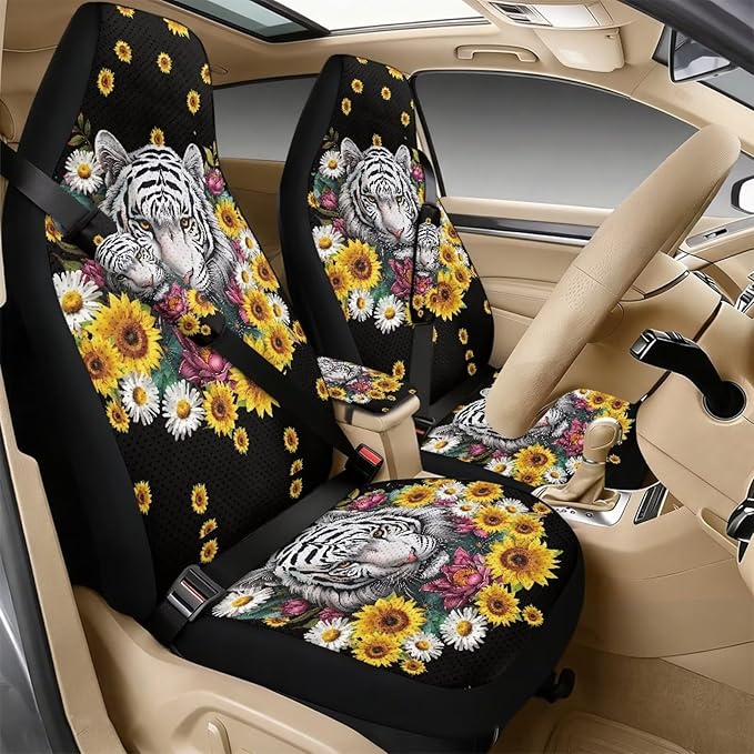 Oramclsy Tiger Heavy Duty Car Seat Covers with Armrest Pad and Sunflower Seat Belt Pads 5 Pack Universal Auto Interior Protector Set Universal Size