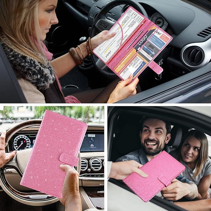 DMLuna Car Registration and Insurance Holder, Leather Vehicle Card Document Glove Box Organizer, Auto Truck Compartment Accessories for Essential Information, Driver License Cards, Glitter Pink