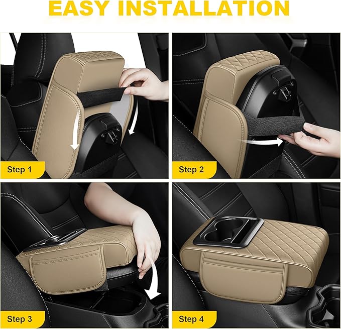 Center Console Cover for Terrain: Armrest Cover for Car with 2 Storage Bags - Waterproof Leather Center Console Cover with Cup Holder for Car,Anti-Scratch Auto Armrest Pad Accessory （Beige