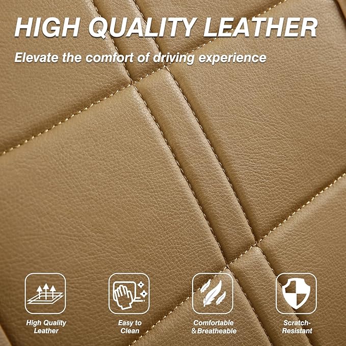 crossmiles Faux Leather Car Seat Covers Full Set, Foam Seat Cover for Car, Universal Car Seat Protector with Waterproof and Breath Fit for Cars, Trucks, SUV, Vans(Beige Square)