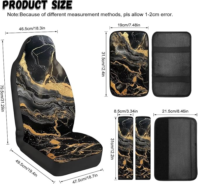 Psesaysky Black Gold Marble 2 Front Seat Covers, 1 Center Console Armrest Cover, 2 Seat Belt Pads, All-in-One Automotive Accessories Set