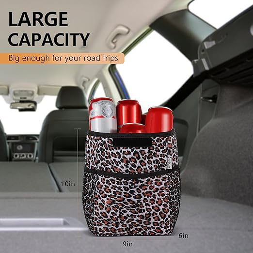 Big Ant Car Cup Holder Coaster and Car Trash Can Bin for Back Seat Leak Proof, Leopard print Cute Trash Bag Hanging, for SUV Truck Van,Automotive Vehicle Garbage Cans Front Seat Storage Pockets