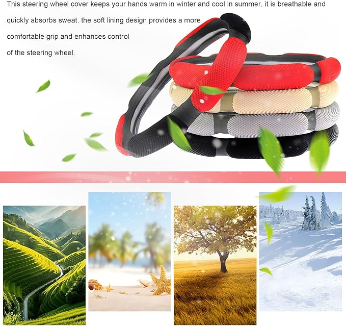 Car Steering Wheel Cover, 15" Breathable Ice Silk Auto Wheel Protector with Comfortable Grip, Anti-Slip Slip-on Steering Wheel Wrap Soft Hand Pad Cushion for Women Men (Black & Red)