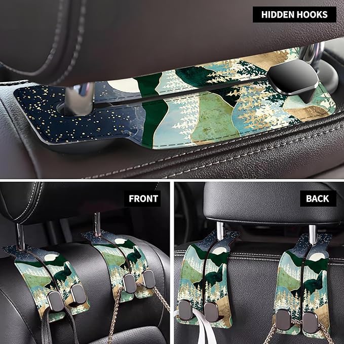 AXBSAKDI Car Seat Back Storage Headrest Hook, Premium Leather Double Metal Hook, Hanger Storage Organizer for Purse Cloth Bag, Car Interior Accessories Cute Mountain Moon