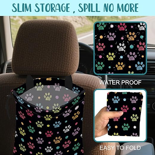 KXWQTRDD Car Garbage Bag Colorful Paw Prints and Diamond Drawstring Car Trash Bag Hanging for Back Seat with Adjustable Buckle Canvas Vehicle Trash Can Easy-to-Install