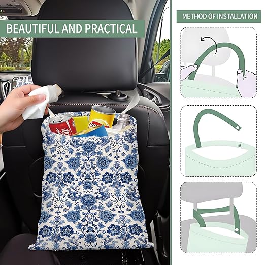 AXZOPDE Cute Car Trash Can, Hanging Canvas Car Back Seat Organizer and Storage Bag, Funny Car Trash Bag For Travelling, Outdoor Cute Blue Flower