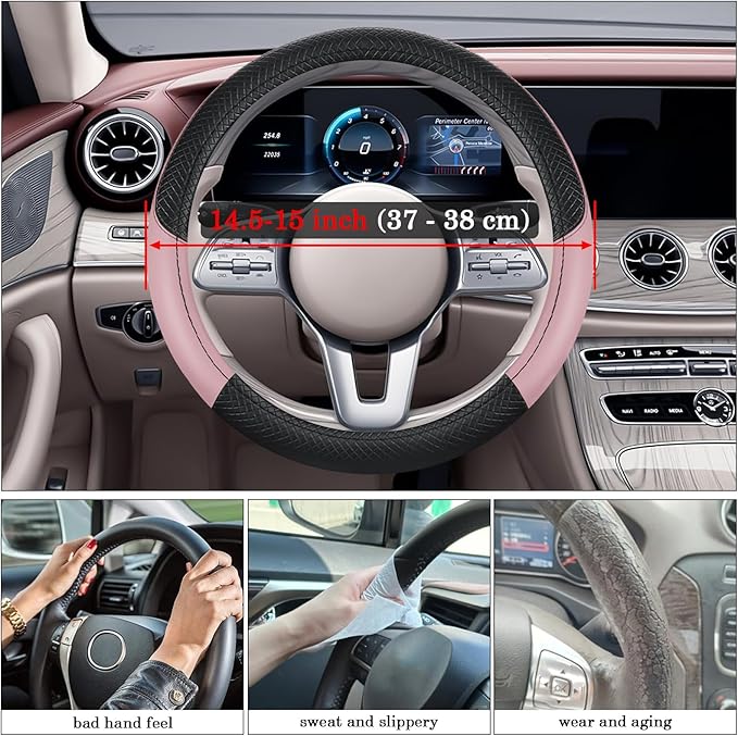 Black & Pink Car Steering Wheel Cover, Microfiber, Leather Patchwork, Universal 14.5-15 Inch Leather Anti-Slip Breathable Auto Steering Wheel Covers for Men Women