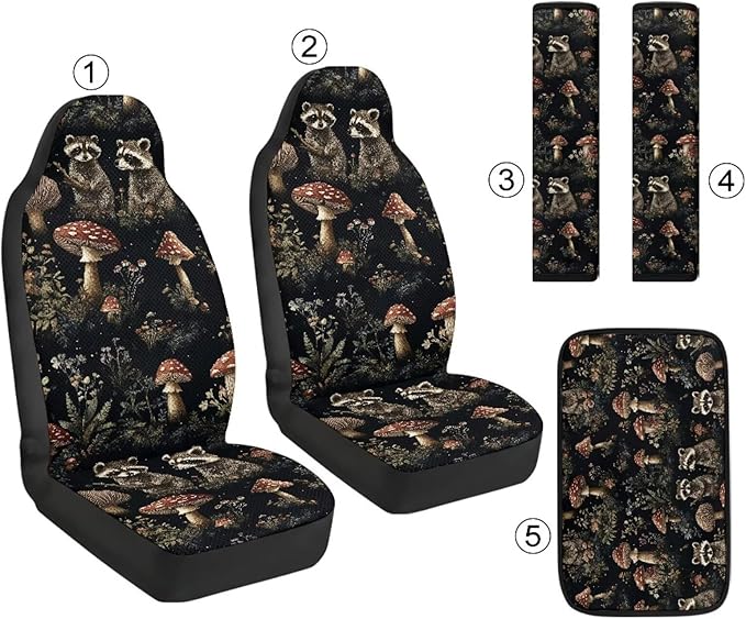 Psesaysky 5 Pcs Car Accessories, Raccoon Mushroom Front Seat Covers Full Set of 2 with Seat Belt Pads Cover Vehicle Center Console Armrest Cover Pad for Women Men Car Lover
