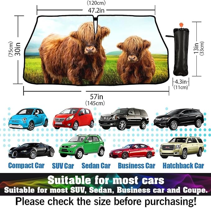 DOPINDU Highland Cattle Car Windshield Sun Shade Umbrella Bendable Handle Foldable Cute Cow Sunshade with Mirror Cut-Out Block UV Rays Keep Vehicle Cool for Most Sedans SUV Trucks Cars 57"x30"
