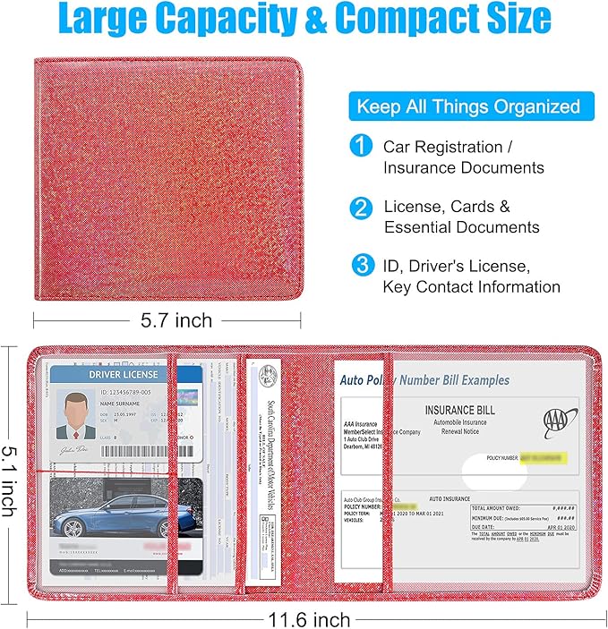 DMLuna Car Registration and Insurance Holder, Folio Leather Vehicle Card Document Glove Box Organizer, Auto Truck Compartment Accessories for Essential Information, Driver License Cards, Red Glitter