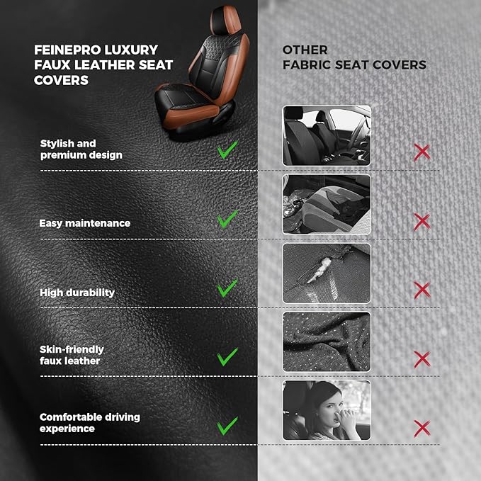 FEINEPRO Brown and Black Car Seat Covers Only Front 2pc - Breathable Faux Leather Universal Seat Covers for Cars, Automotive Protector Fit for Most Sedan SUV Pick-up Truck