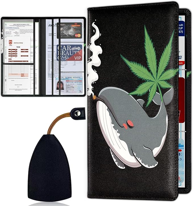 Car Registration and Insurance Card Holder for Women Men, Waterproof PU Leather Glove Box Car Organizer with Magnetic Shut, Vehicle Document Holder for Driver License,Cards, Cartoon Whale Smoking