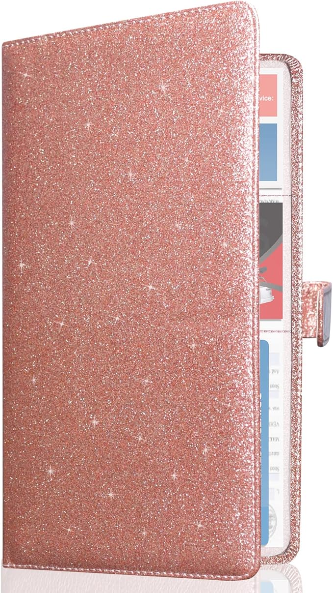 Caweet Car Registration and Insurance Holder Vehicle Glove Box Organizer Leather Car Document Holder for Driver's License, ID, Key Information Cards with Magnetic Closure, Glitter Rose Gold