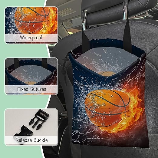 NHNXHWIA Basketball Car Trash Bag,Fire Ball Hanging Drawstring Car Garbage Bag,Waterproof Canvas Car Back Seat Organizer with Adjustable Buckle,for Vehicles,SUVs,Camping,Road Trips