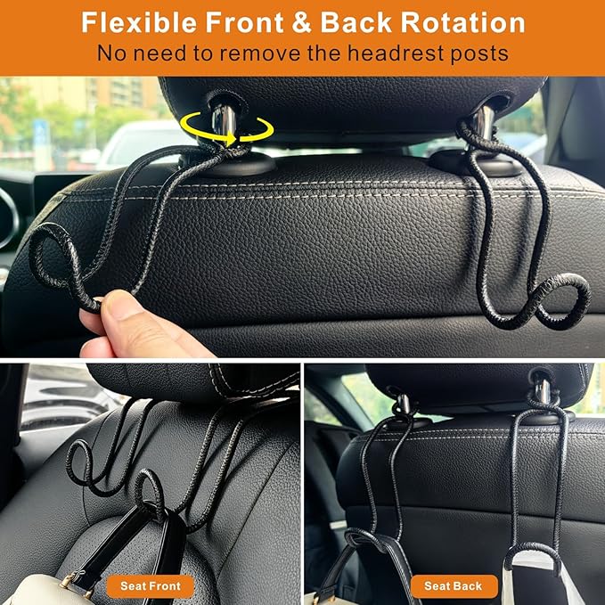 Idefair Car Hooks for Headrest - 2 Pack Car Bag Holder with Lock Loop, Coating Leather Scratch-Free Auto Purse Hanger, Car Seat Back Storage Gadgets Accessories for Jeep SUV Truck - Black Leather/2S