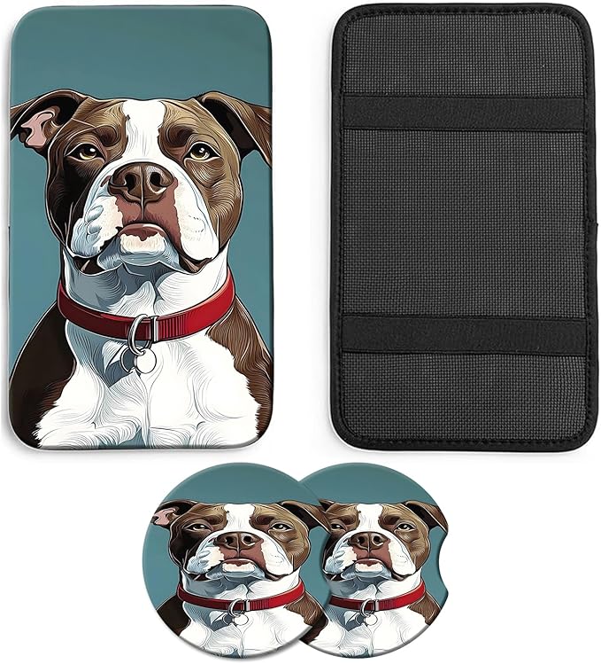 JANENFNA Car Armrest Cover Pads Universal Fashion Cute Auto Center Console Armrest Cover Pad with 2PCS Car Coasters Soft Waterproof Car Armrest Seat Protector for Women,Cute Bulldog