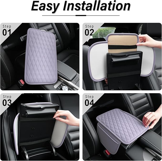 Amiss Car Center Console Cover, Upgraded Leather Car Armrest Cushion with 2 Storage Pockets, Universal Waterproof Cushion Pad, Non-Slip Car Interior Accessories, Fits Most Sedans SUVs Trucks (Purple)