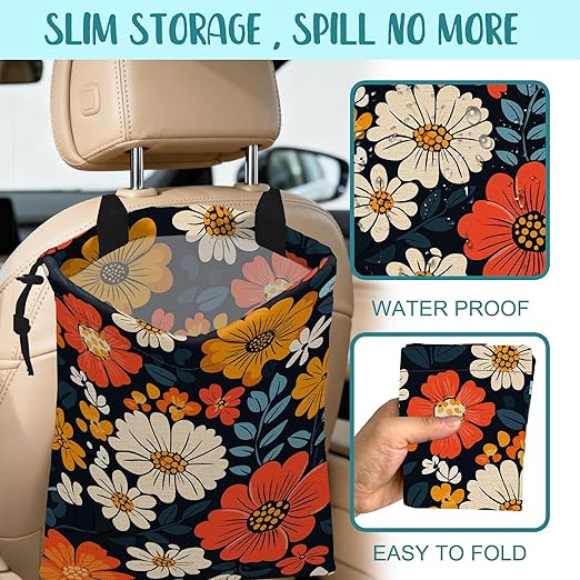 KXWQTRDD Car Garbage Bag Abstract Floral and Green Leaves Hanging Canvas Car Trash Bag Drawstring Car Back Seat Organizer for Car Back Front Seat Console with Adjustable Buckle