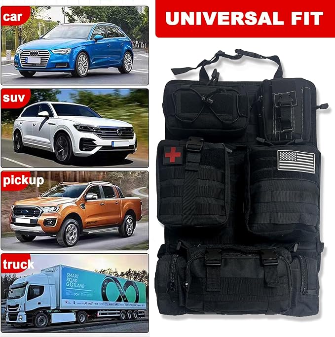BEATUNEE Universal Tactical Front Seat Back Organizer with 5 detachable Molle Storage Bag/Hanger Bag,Applicable to all vehicle (Black)