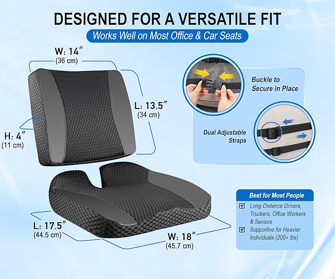 Back Cushions & Seat Cushions: Memory Foam Car Seat Cushion with Lumbar Support Pillow for Long Driving, Office Chair Pillow for Butt and Back Pain Relief, Great for Car, Office, Desk Chair - Black
