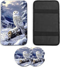JANENFNA Car Armrest Cover Pads Universal Fashion Cute Auto Center Console Armrest Cover Pad with 2PCS Car Coasters Soft Waterproof Car Armrest Seat Protector for Women,Snowy Owl