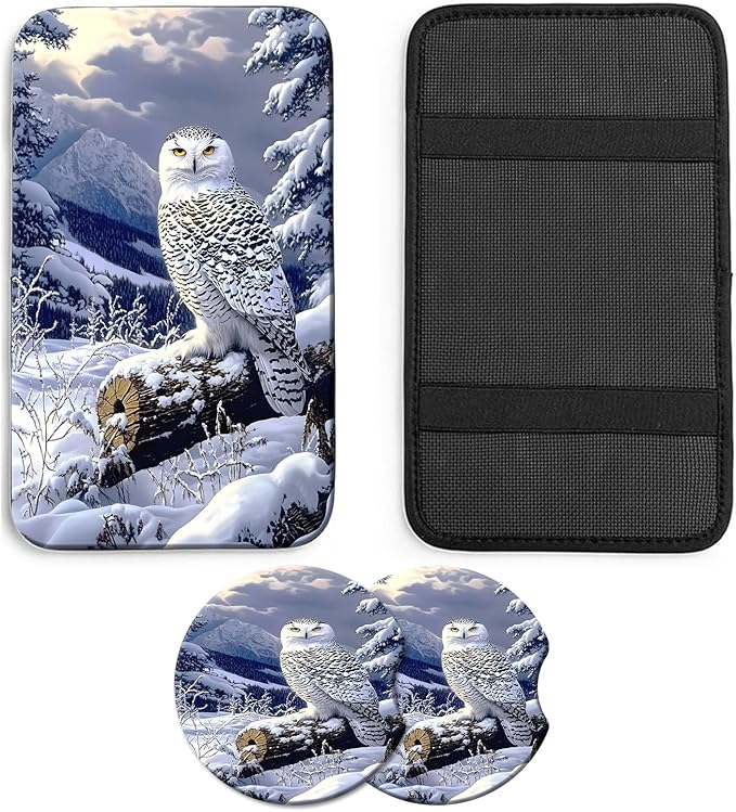 JANENFNA Car Armrest Cover Pads Universal Fashion Cute Auto Center Console Armrest Cover Pad with 2PCS Car Coasters Soft Waterproof Car Armrest Seat Protector for Women,Snowy Owl