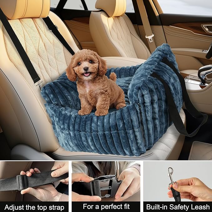 HOMLOVE Dog Car Booster Seat, for Small Dogs Under 30 lbs, Detachable Washable Travel Bed with Storage Pockets and Safety Belt (SOMKY Blue, Medium)