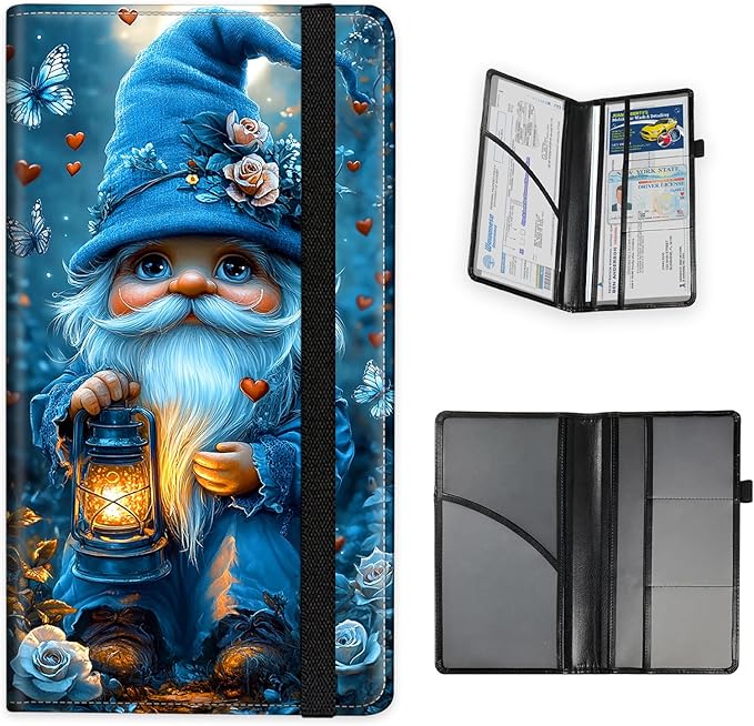 Tudguiloae Car Registration and Insurance Card Holder, Trunk Document Holder Organizer, Essential Vehicle Glove Box Organizer PU Leather Wallet for Driver,Blue Gnome Butterfly