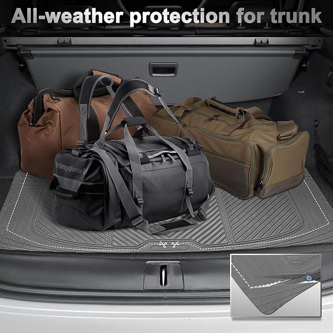 CAR PASS Universal Car Floor Mats & Cargo Liner Full Set, Waterproof Anti-Slip Rubber Trim to Fit Trunk Mats All Weather Protection Fit Car SUV Sedan Coupe Vehicle Automotive 5 Pieces, S-M Size Gray