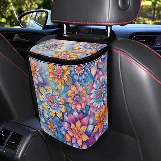 Car Trash Can with Lid Collapsible Waterproof Cars Garage Bag Reusable Hanging Automotive Garbage Bin Cars Accessories Interior Car Organizer, Mandala Flower Pattern