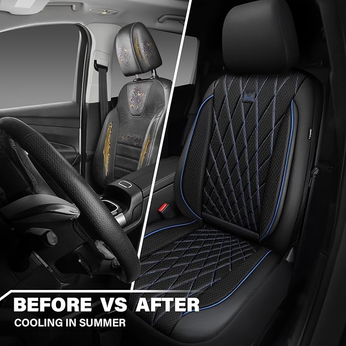 CAR PASS Thick Foam 3D Air Mesh Leather Car Seat Covers Front Seats Only, Breathable Premuim Leather Two Front Seat Cover, Airbag Compatible Universal Fit for Most Sedan Van Truck SUV,Black and Blue