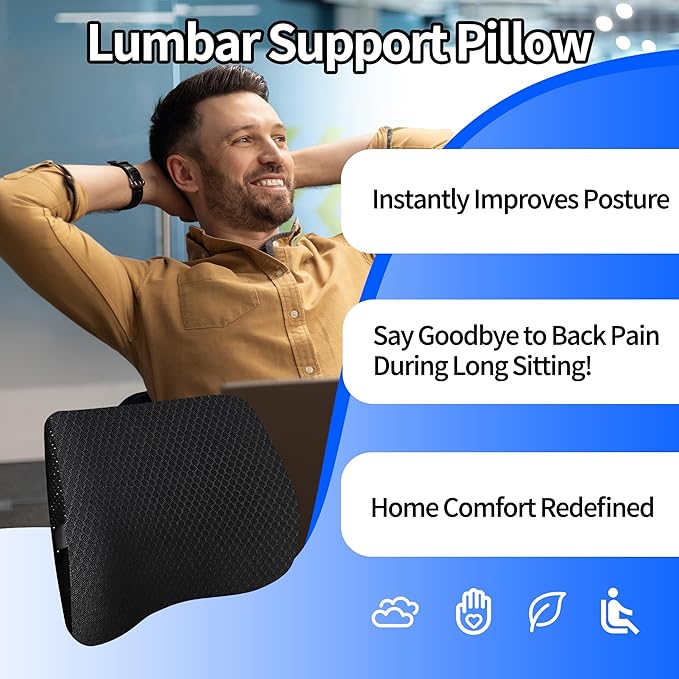 Lumbar Support Pillow for Car, Lower Back Support for Driving Seat Memory Foam Lumbar Pillow for Office Chair - Back Pain Relief for Car Seat, Wheelchair (3D Mesh Black)